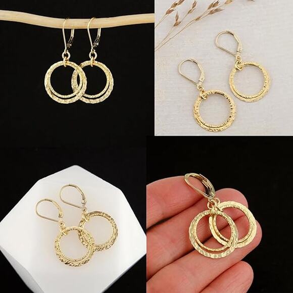 Women Gold Circle Textured Drop Hammered Leverback Dangle Earrings - Picture 4 of 5